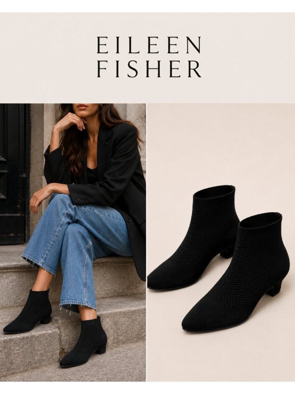 Eileen Fisher Black Knit Stretch Sock Ankle Boots Pointed Toe Size 7